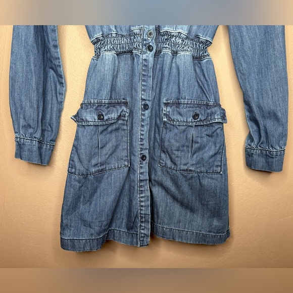 Silvian Heach Denim Cargo 100% Cotton Mini Dress Shirred Waist Button Up Size XS - Picture 10 of 16